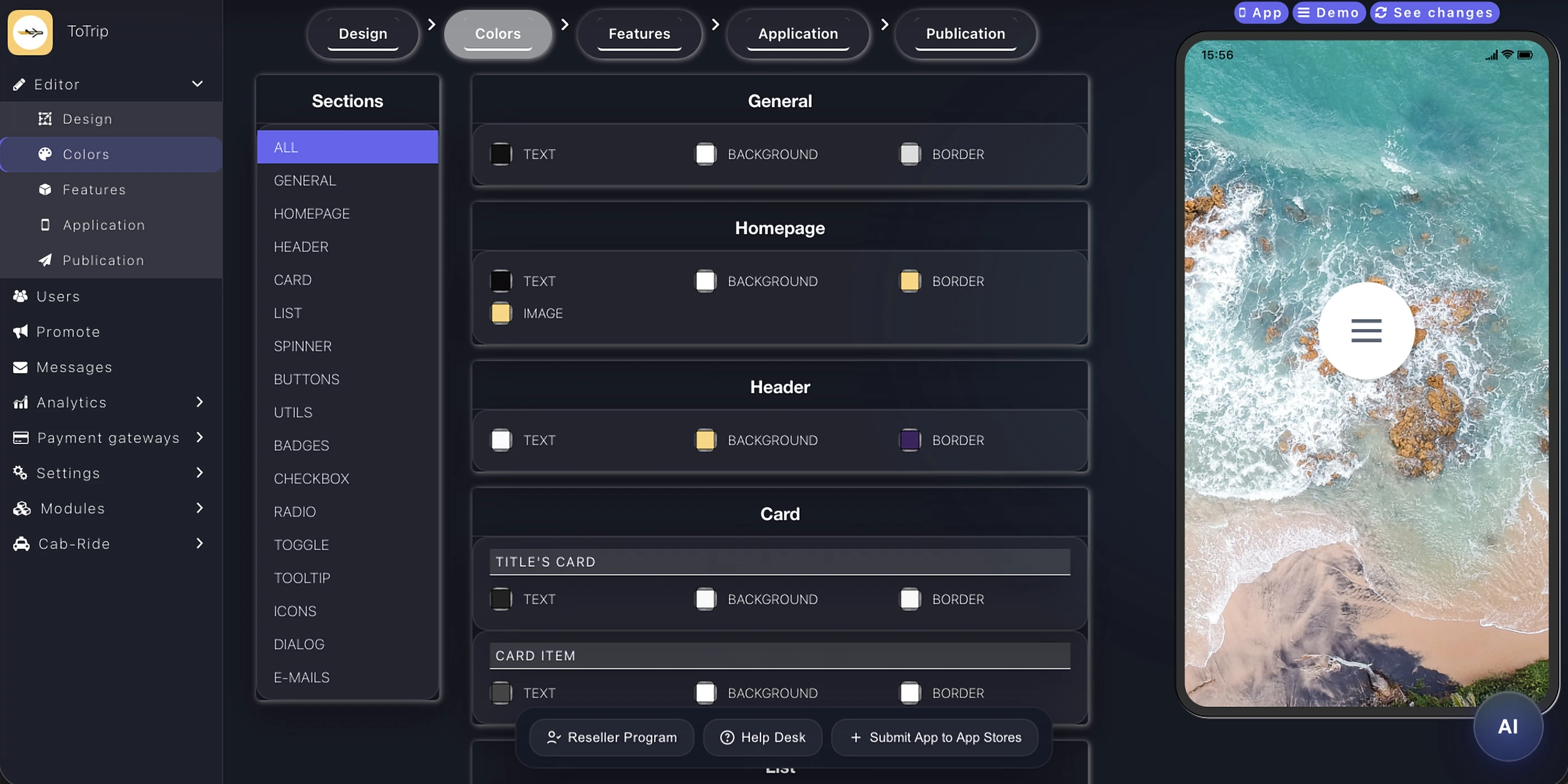 Editor di colori di Appily per personalizzare ogni sezione di un'app mobile