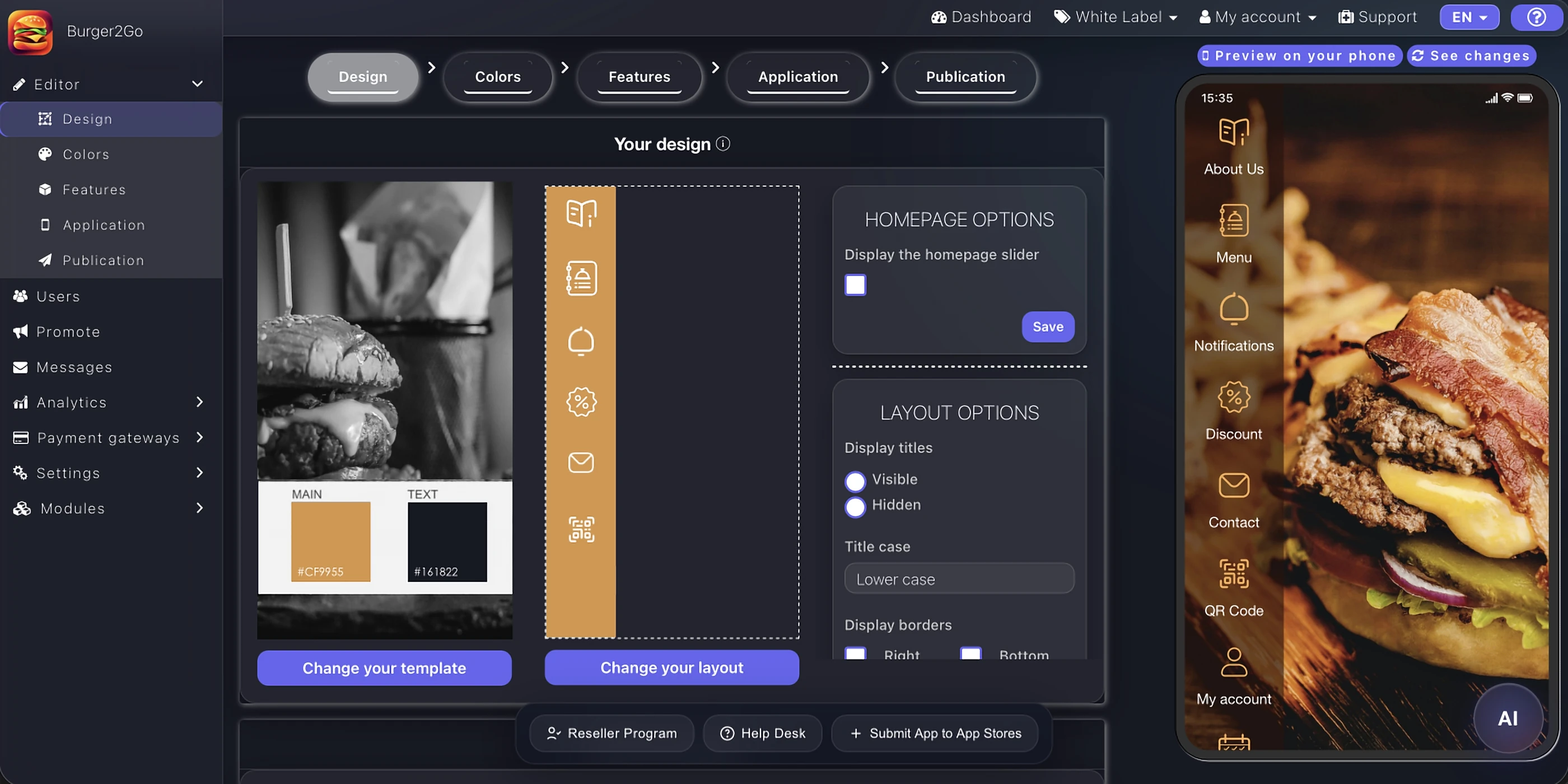 Editor di design di Appily con modelli, opzioni di layout e anteprima dal vivo dell'app per iPhone